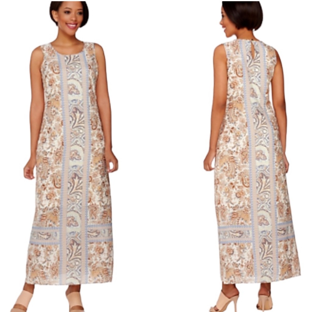 C. Wonder Ivory Peach Cornflower Blue Floral Sleeveless Shift Slip Maxi Dress 10